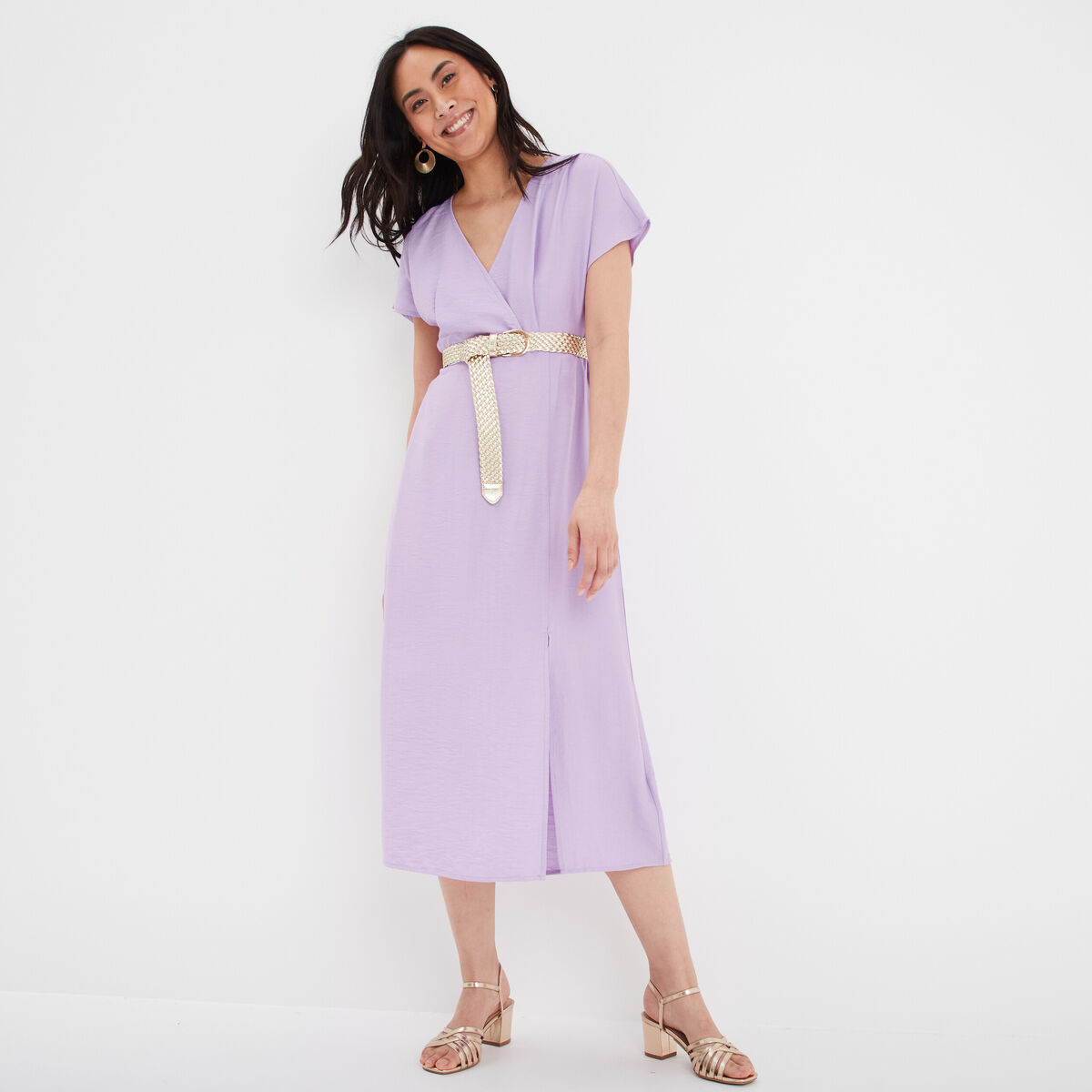 Robe midi fendue avec col cache-coeur parme femme