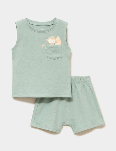 Ensemble 2 pi&egrave;ces d&eacute;bardeur short coton vert kaki b&eacute;b&eacute; gar&ccedil;on