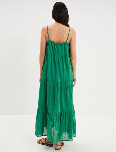 Robe longue &agrave; volants fines bretelles vert canard femme