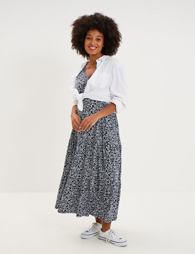 Robe longue col en V grossesse bleu marine femme maternit&eacute;