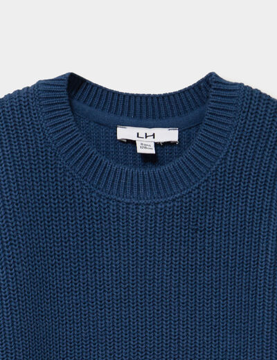 Pull col rond manches longues coton bleu fonc&eacute; gar&ccedil;on