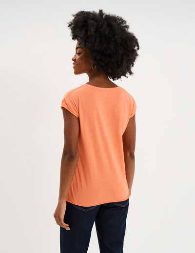 T-shirt col v poche poitrine orange corail femme