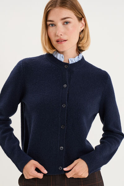 Gilet col rond boutonn&eacute; 2 en 1 bleu fonc&eacute; femme