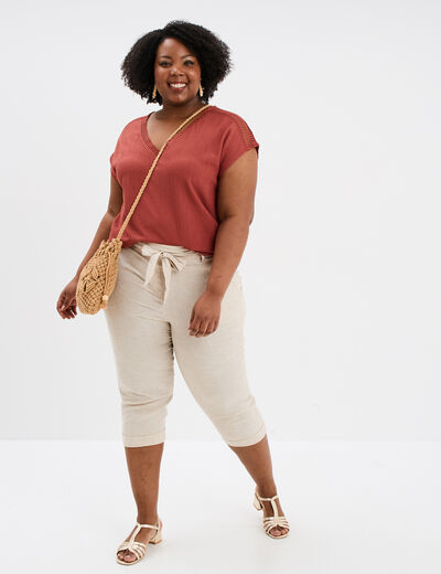 T-shirt bandes dentelle col en V vieux rose femme grande taille