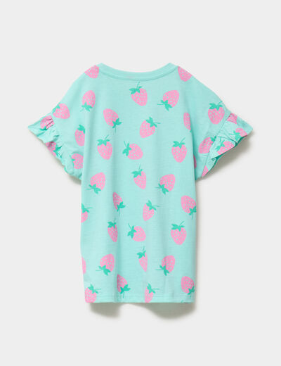 T-shirt col rond manches &agrave; volants coton bleu turquoise fille
