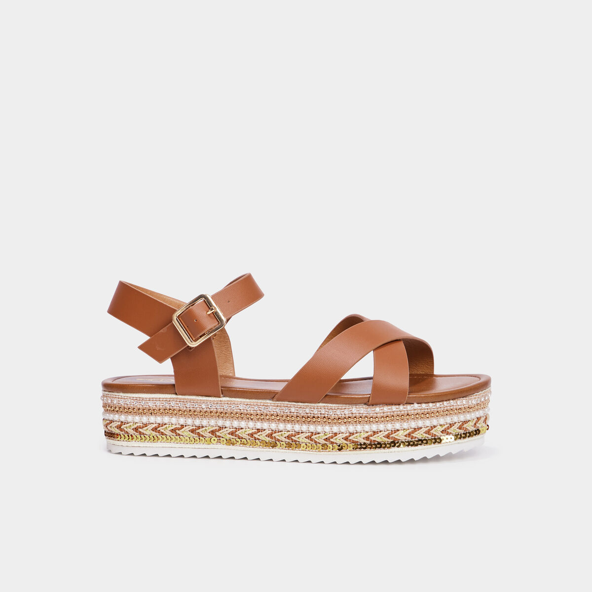 Sandales plateformes détails bijoux marron femme