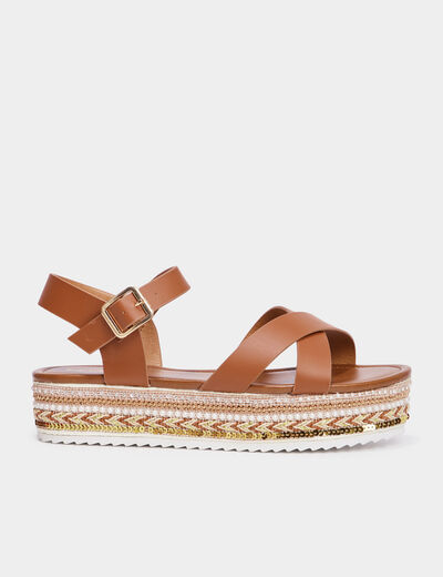 Sandales plateformes détails bijoux marron femme