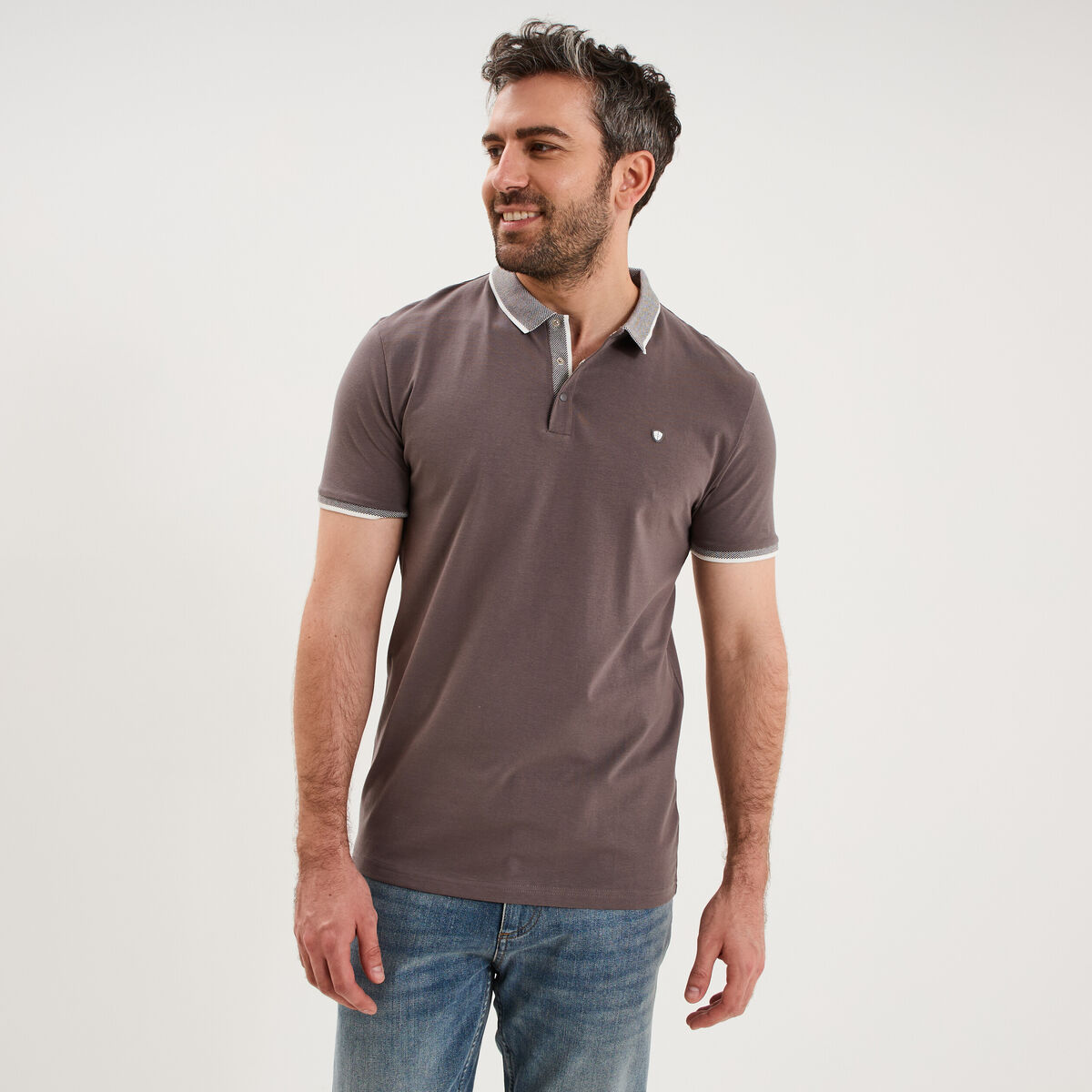 Polo slim manches courtes stretch gris fonc&eacute; homme