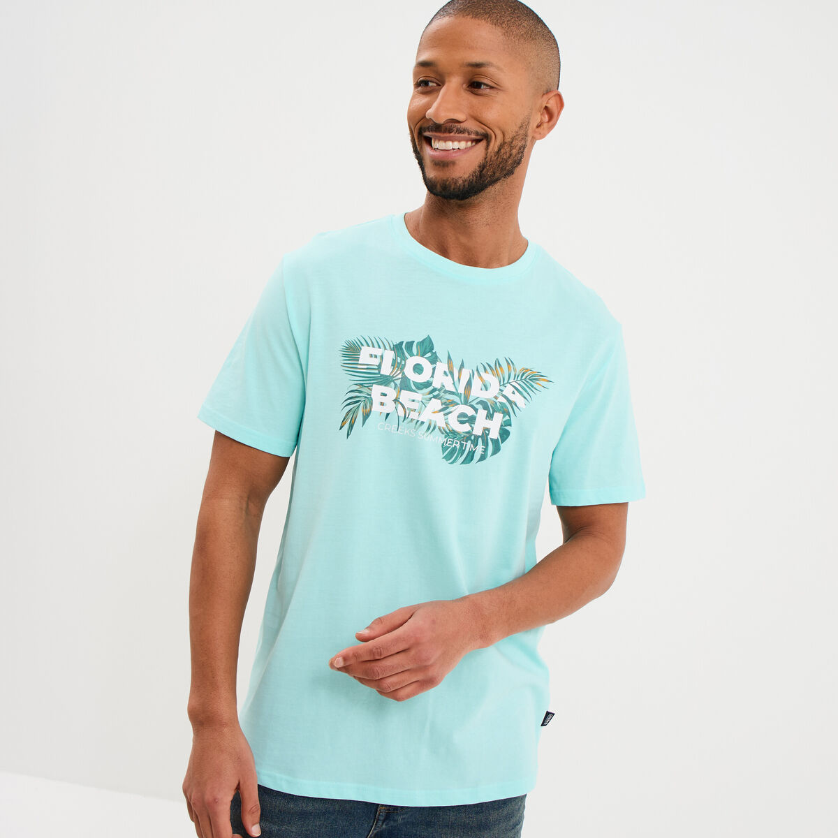 T-shirt &agrave; manches courtes droit coton bleu turquoise homme
