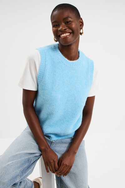 Pull sans manches col rond bleu clair femme