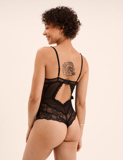 Body padd&eacute; en dentelle avec la&ccedil;age noir femme