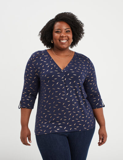 T-shirt manches 3/4 bandes ajourées bleu marine femme grande taille