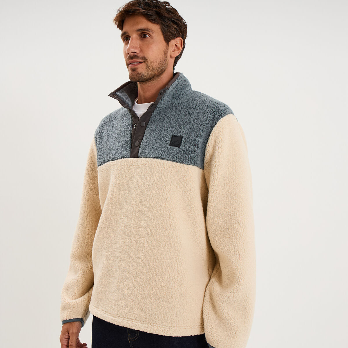 Sweat polaire col camionneur boutons ecru homme