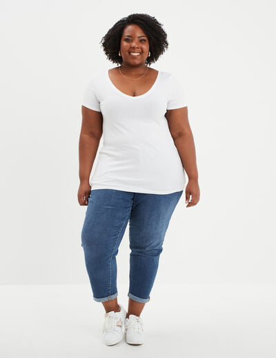 T-shirt col en V manches courtes coton blanc femme grande taille