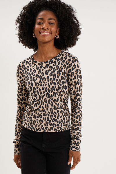 Pull col rond manches longues beige femme