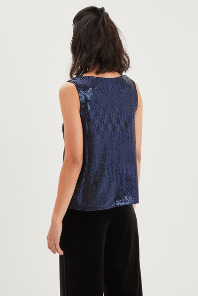 T-shirt col bénitier à strass bleu femme