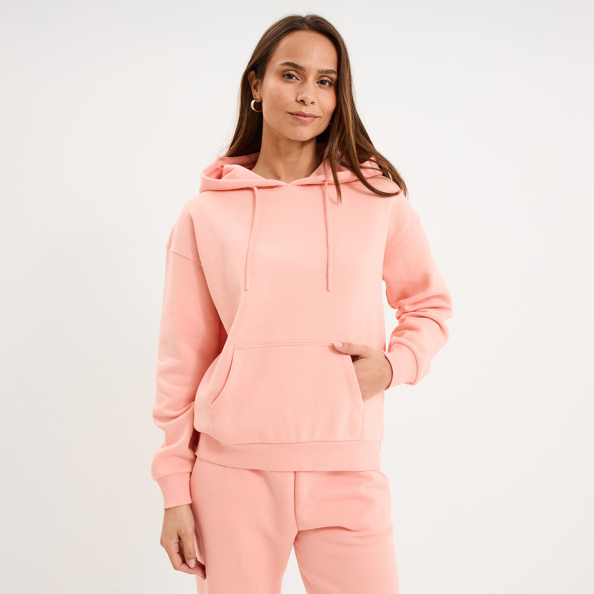Sweat hoodie molleton &agrave; capuche rose poudr&eacute;e femme
