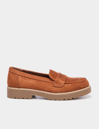 Mocassins su&eacute;dine semelles crant&eacute;es marron femme