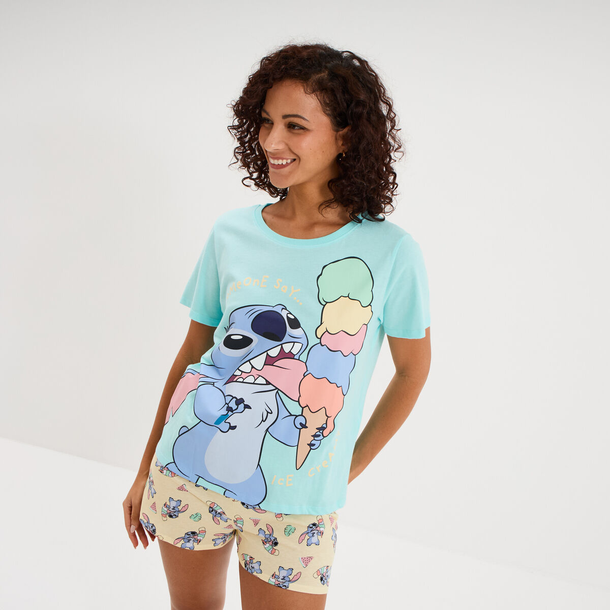 Ensemble pyjama short coton Stitch bleu turquoise femme