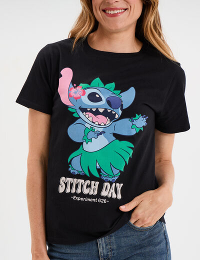 T-shirt manches courtes coton Stitch noir femme