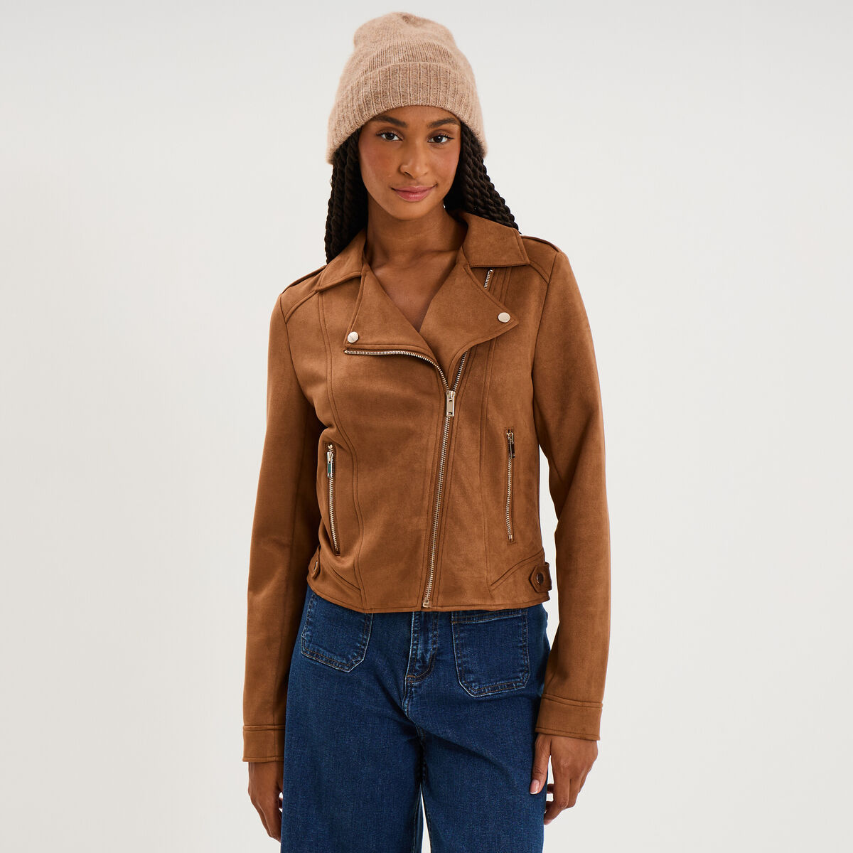 Veste biker effet su&eacute;dine camel femme