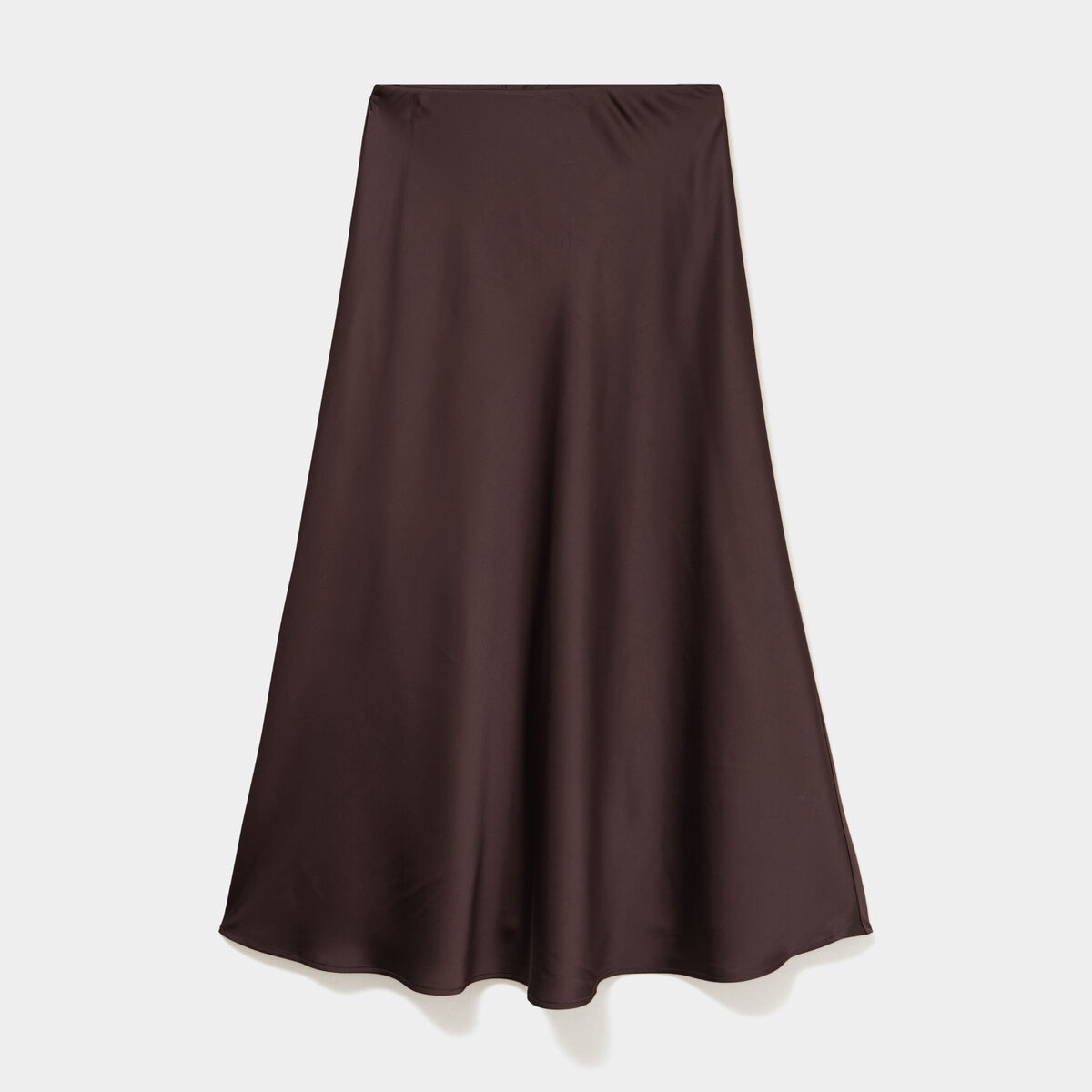 Jupe longue &eacute;vas&eacute;e effet satin marron fonc&eacute; femme