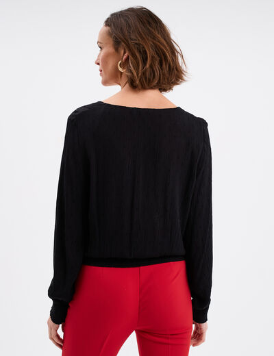 Blouse col en V taille smockée noir femme