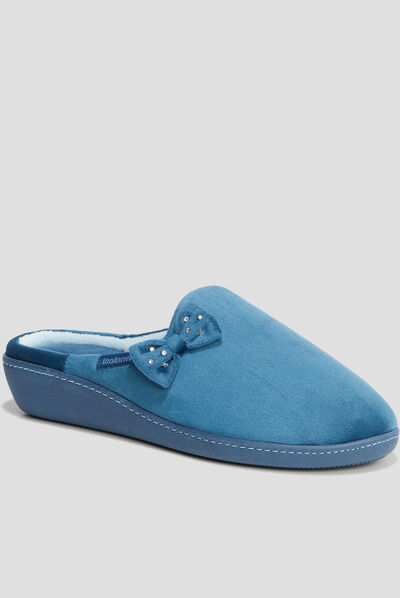 Chaussons mules velours Isotoner bleu canard femme