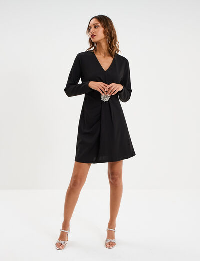 Robe drap&eacute;e d&eacute;tail broche noir femme