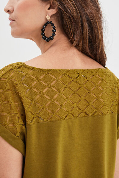T-shirt col en V dentelle épaules et dos vert olive femme