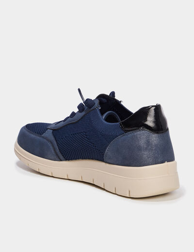 Tennis basses &agrave; lacets pied large bleu marine femme