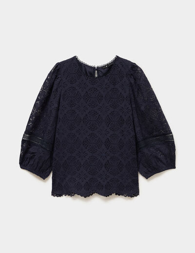 Blouse dentelle manches 3/4 bleu fonc&eacute; femme