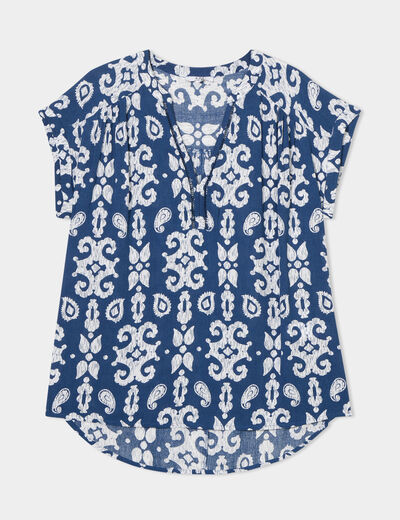 Blouse cr&eacute;pon manches courtes bleu marine femme