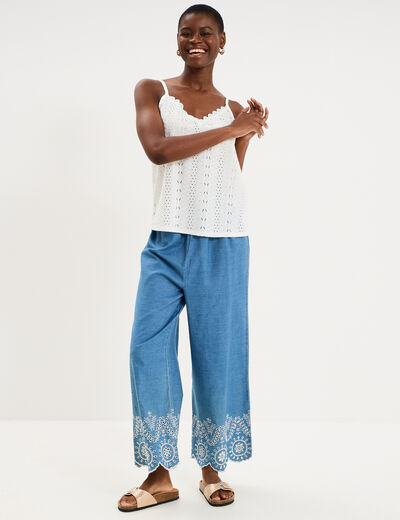 Pantalon avec broderie taille haute denim double stone femme