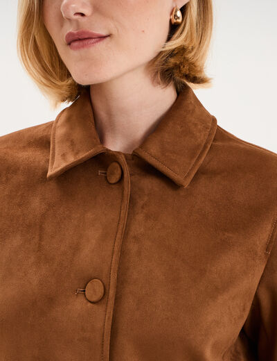 Veste paletot en su&eacute;dine boutonn&eacute;e camel femme