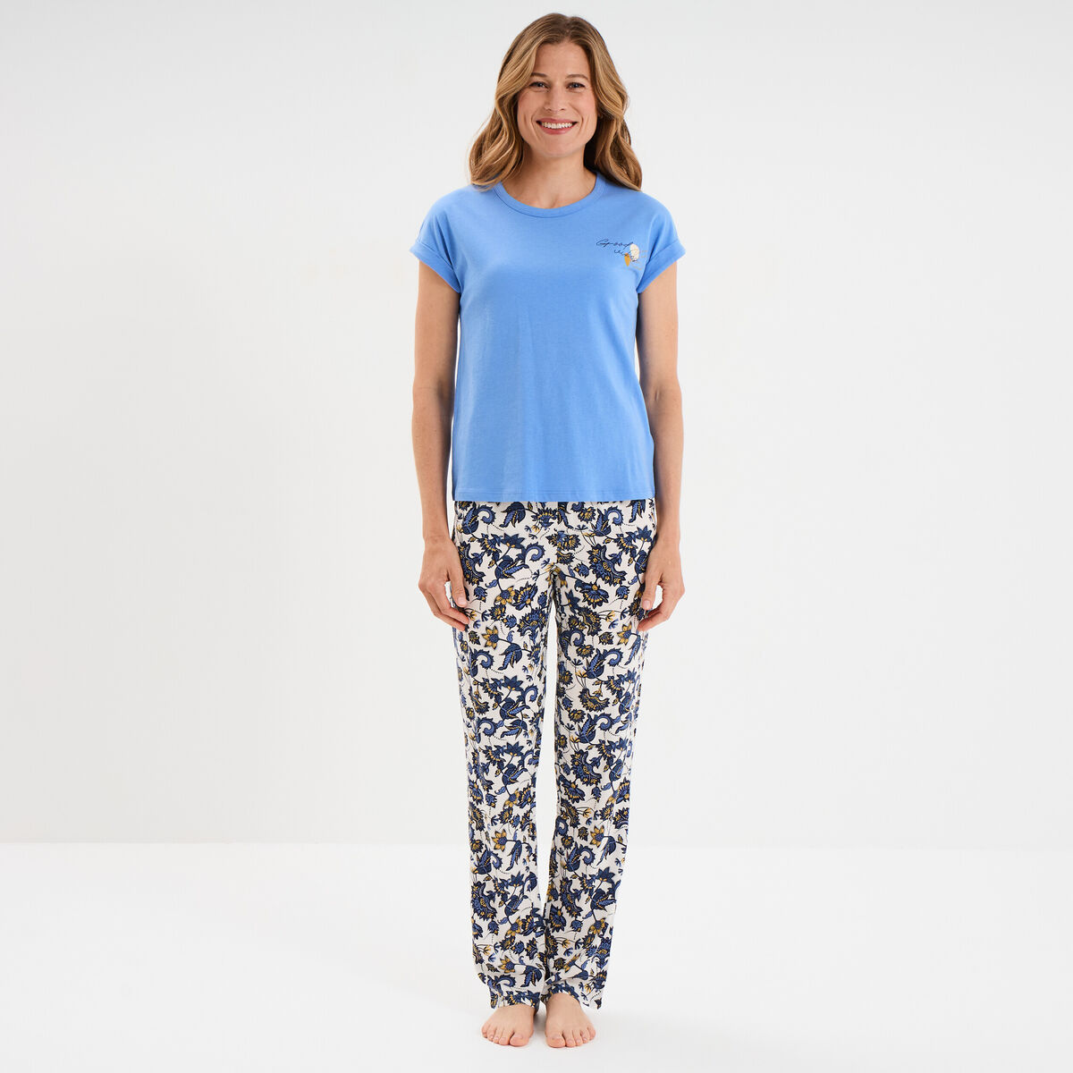Ensemble pyjama col rond 2 pièces fluide blanc femme