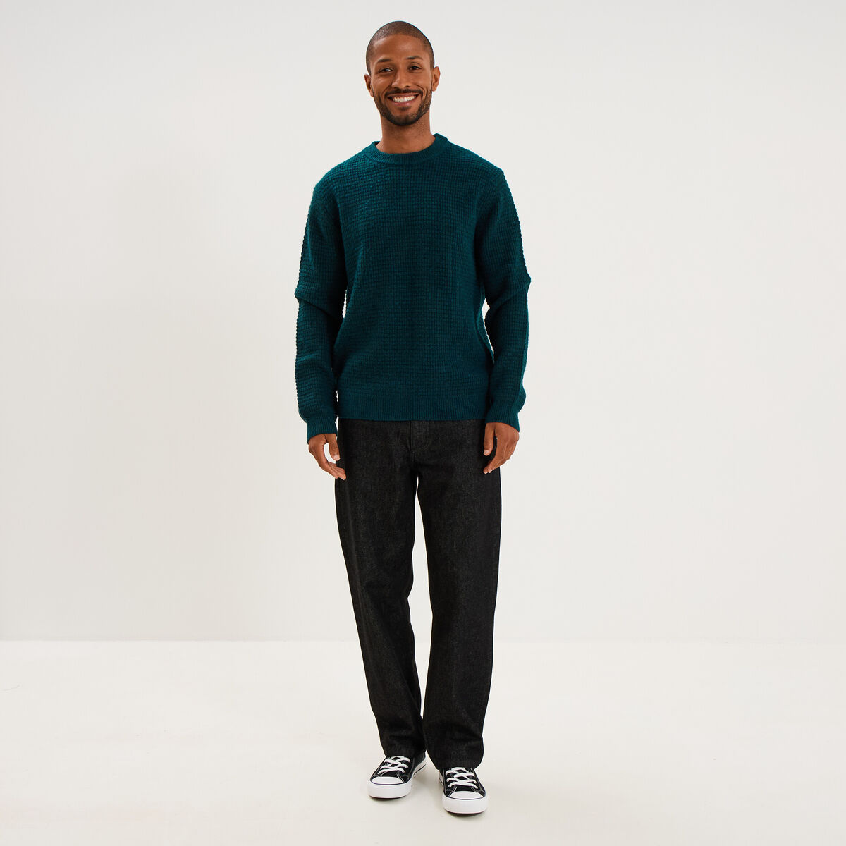 Pull col rond manches longues bleu canard homme