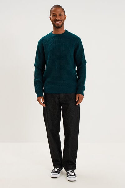 Pull col rond manches longues bleu canard homme
