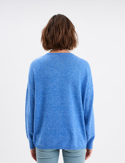 Pull col en V manches longues bleu femme