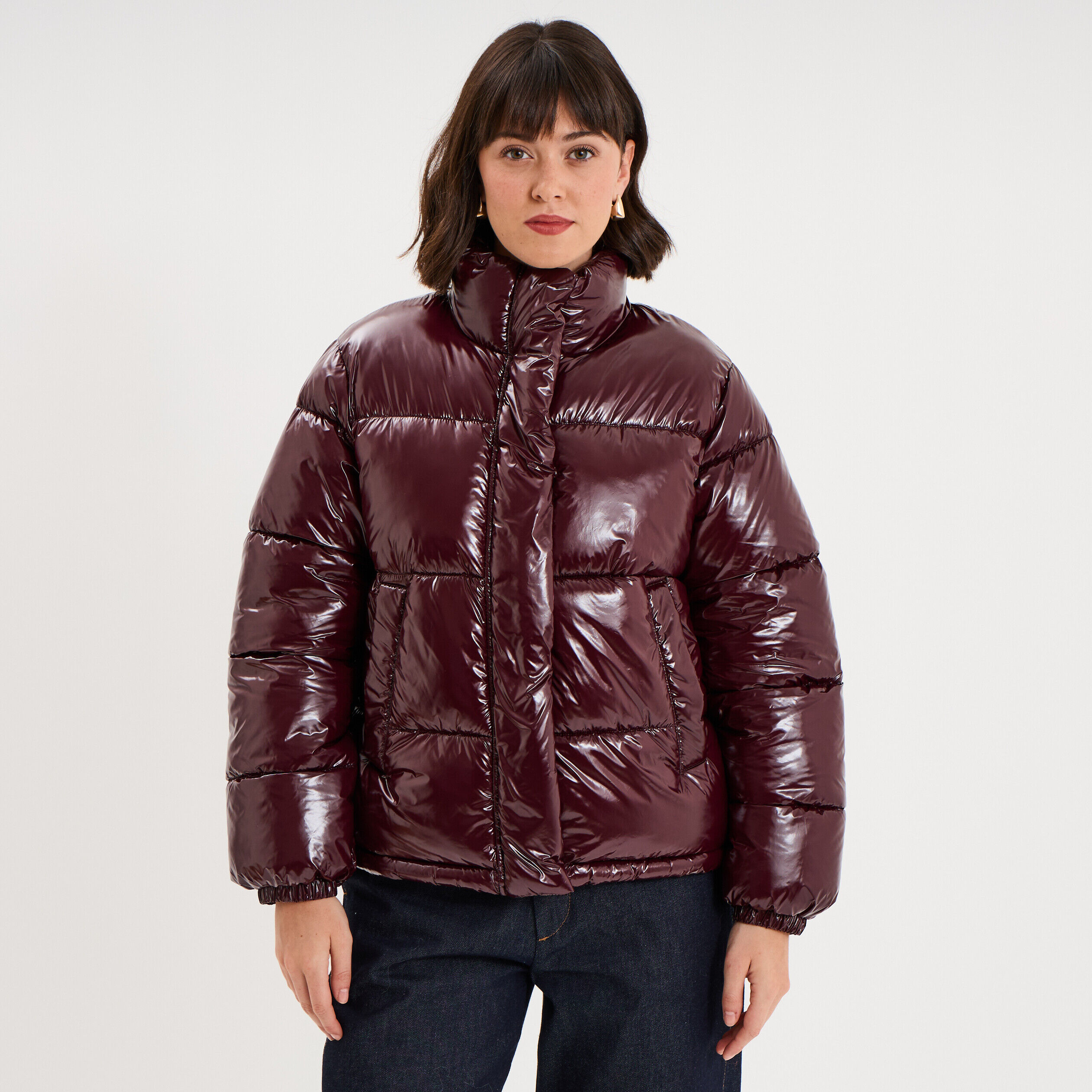 Doudoune courte oversize col montant violet foncé femme