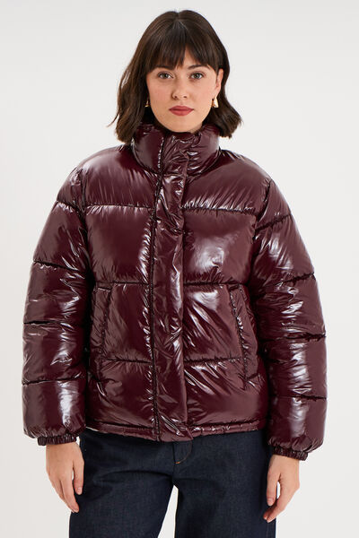 Doudoune courte oversize col montant violet fonc&eacute; femme
