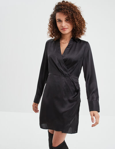 Robe satin portefeuille courte noir femme