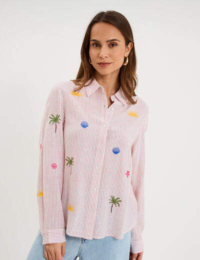 Chemise brod&eacute;e manches longues rouge femme