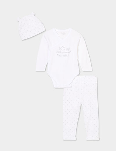 Ensemble naissance 3 pièces coton blanc bébé garçon