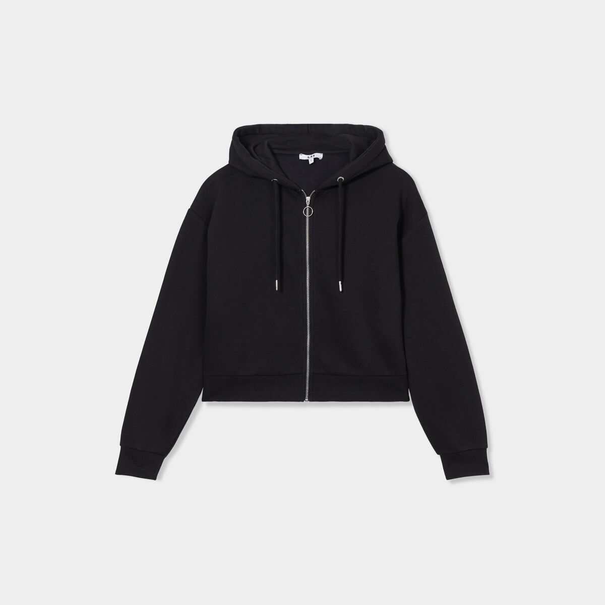 Sweat zippé à capuche court noir femme