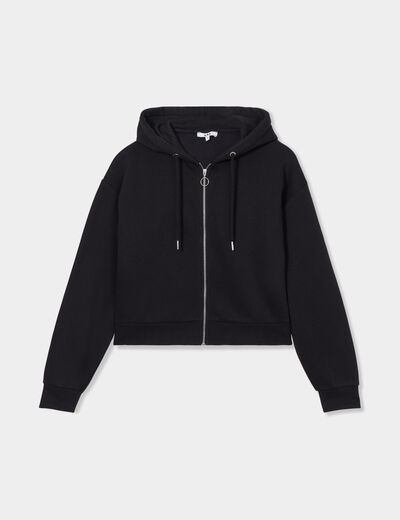Sweat zippé à capuche court noir femme