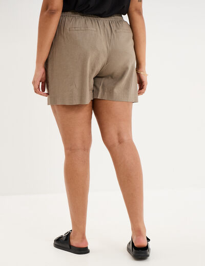 Short taille &eacute;lastiqu&eacute;e lin m&eacute;lang&eacute; vert kaki femme grande taille