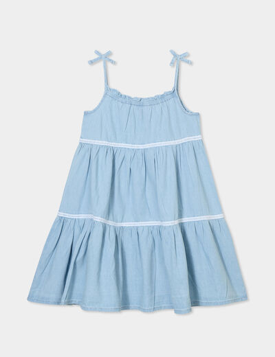 Robe trapèze volants à bretelles coton denim double stone fille