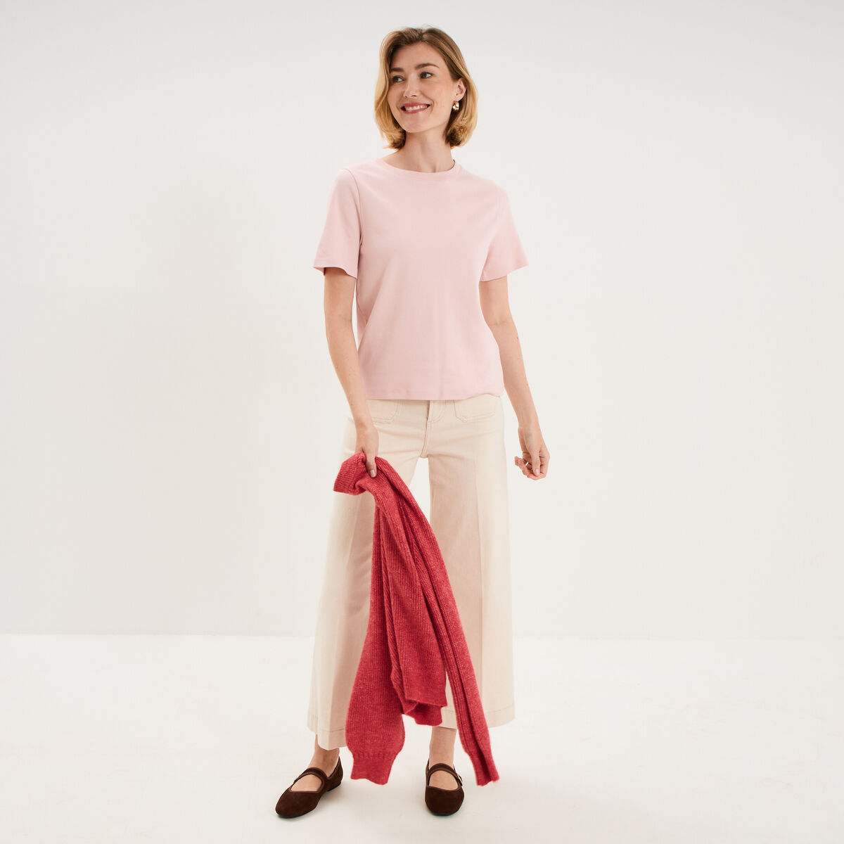 T-shirt col rond manches courtes coton rose pastel femme