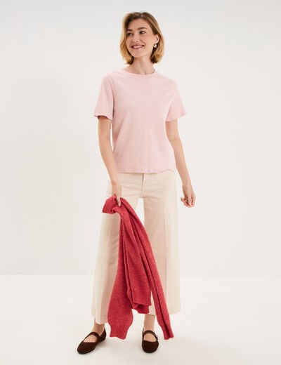T-shirt col rond manches courtes coton rose pastel femme